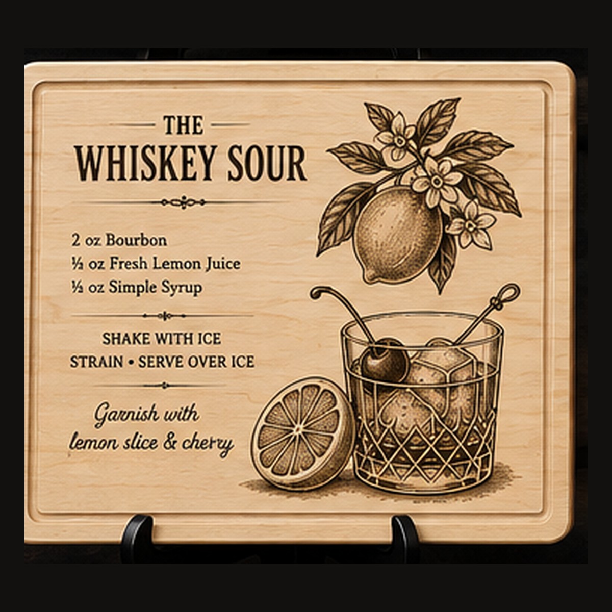 Whiskey Sour Cocktail Recipe Board | Laser Engraved Maple or Cherry Bar Board | Juice Groove Cutting Board | Home Bar Decor | Bartender Gift