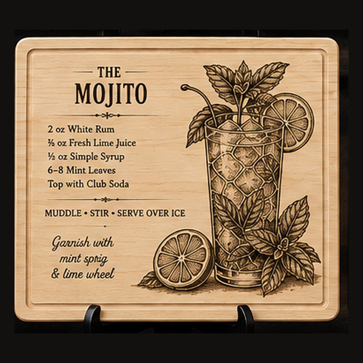 Mojito Cocktail Recipe Board | Laser Engraved Maple or Cherry Bar Board | Juice Groove Cutting Board | Home Bar Decor | Bartender Gift