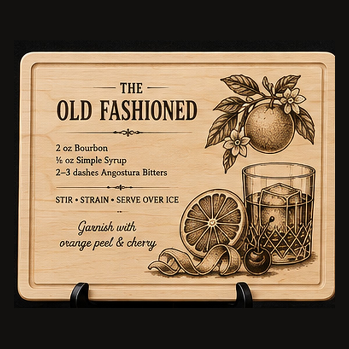 Old Fashioned Cocktail Recipe Board | Laser Engraved Maple or Cherry Bar Board | Juice Groove Cutting Board | Home Bar Decor | Bartender Gift