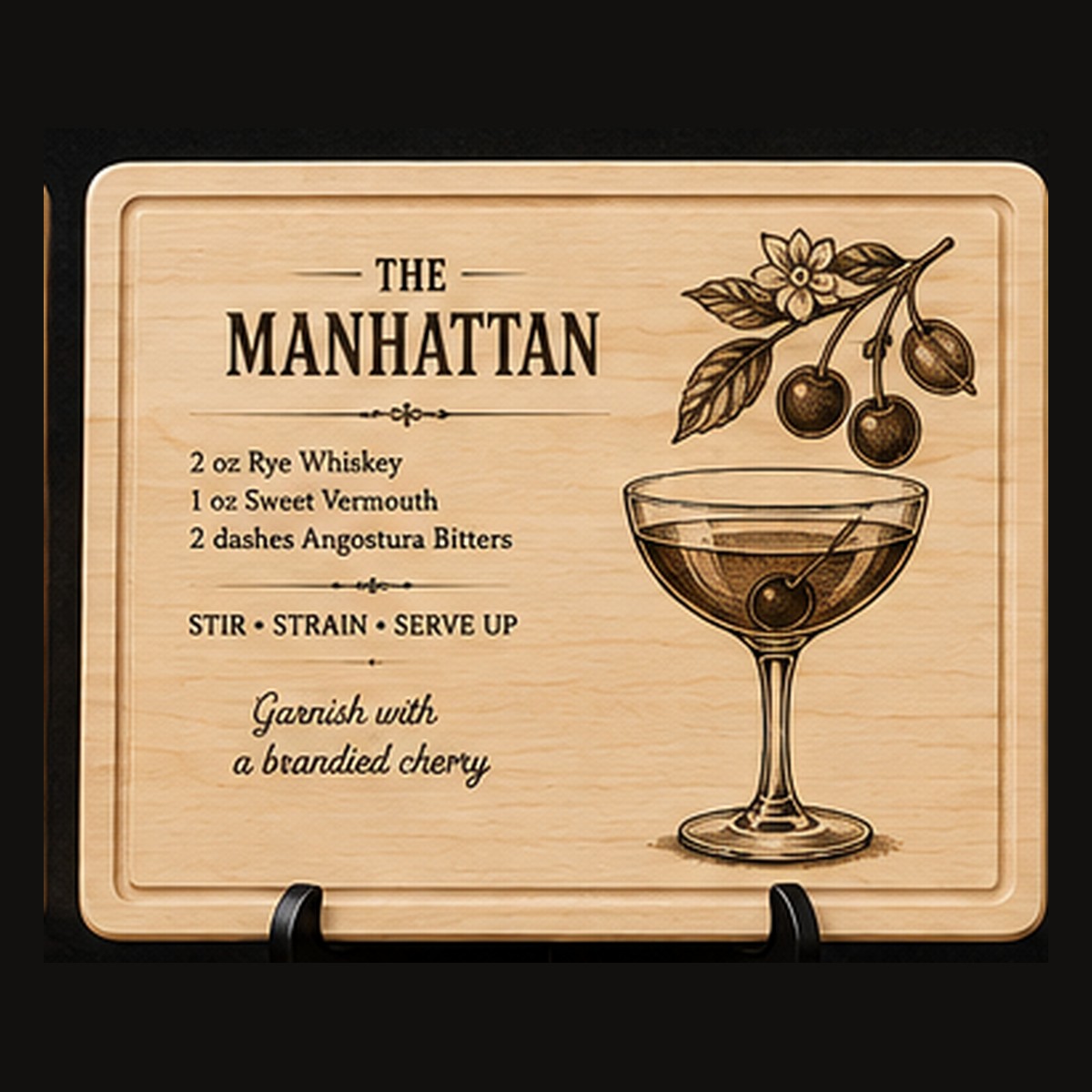 Manhattan Cocktail Recipe Board | Laser Engraved Maple or Cherry Bar Board | Juice Groove Cutting Board | Home Bar Decor | Bartender Gift
