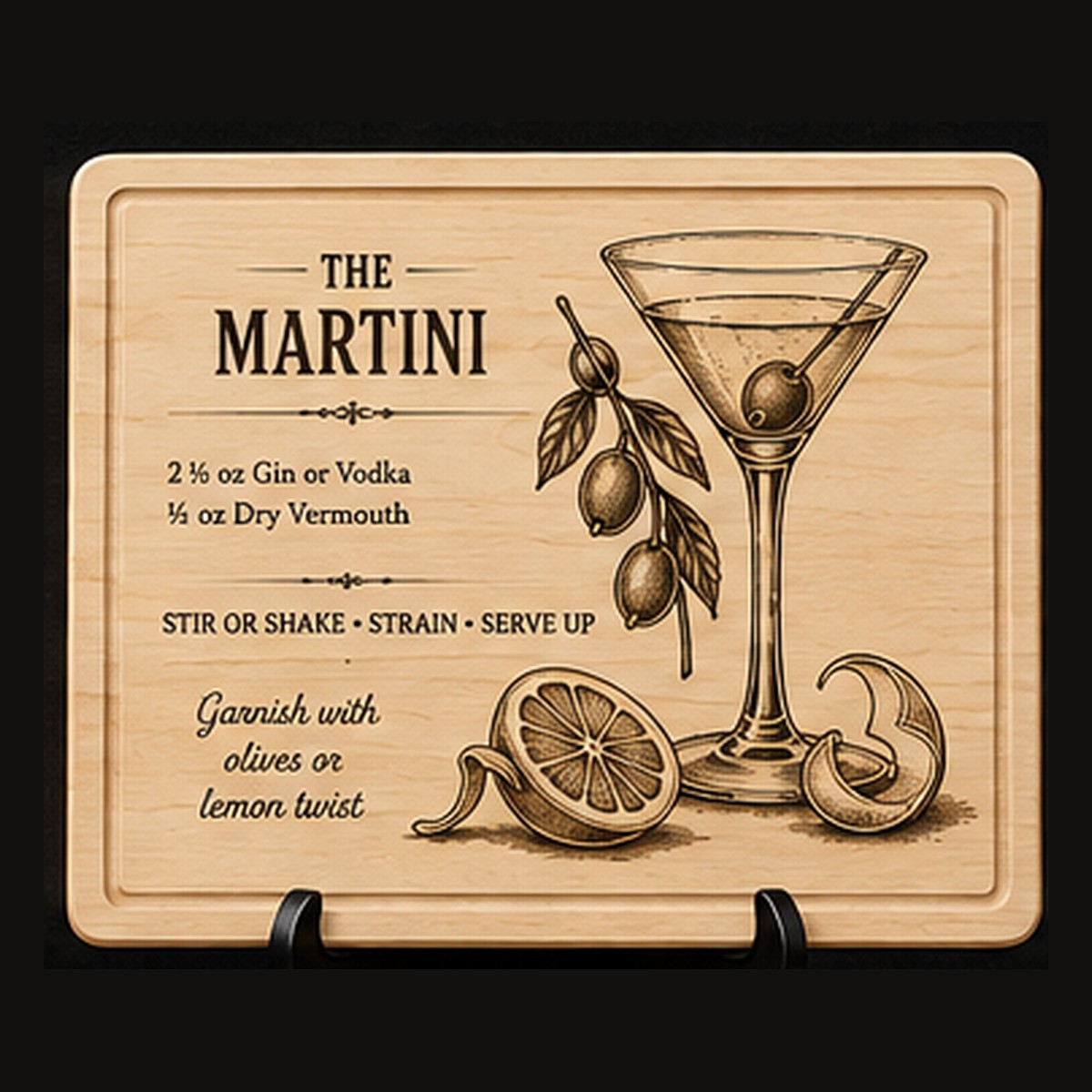 Martini Cocktail Recipe Board | Laser Engraved Maple or Cherry Bar Board | Juice Groove Cutting Board | Home Bar Decor | Bartender Gift