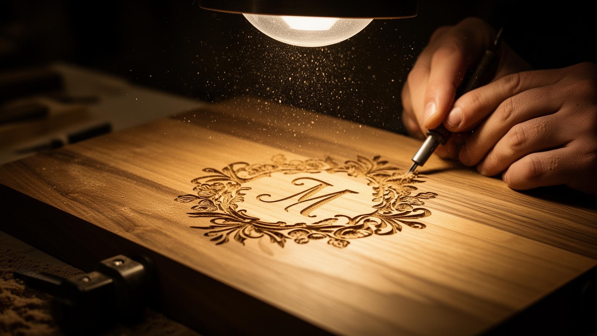 Engraving a wooden cutting board with an ornate monogram