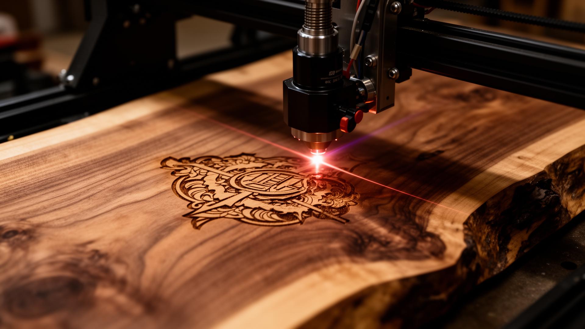 Laser engraver etching a detailed design into walnut wood