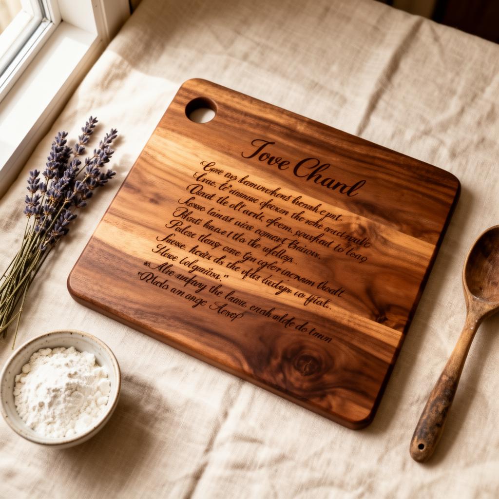 Close-up of a laser-engraved wooden cutting board showing a handwritten recipe in fine detail